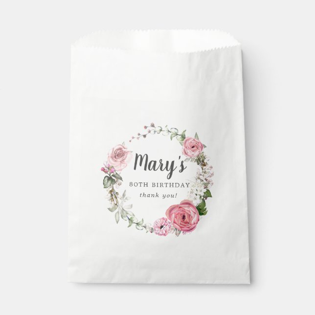 Rustic Pink Rose Floral 80th Birthday Favour Bag (Front)
