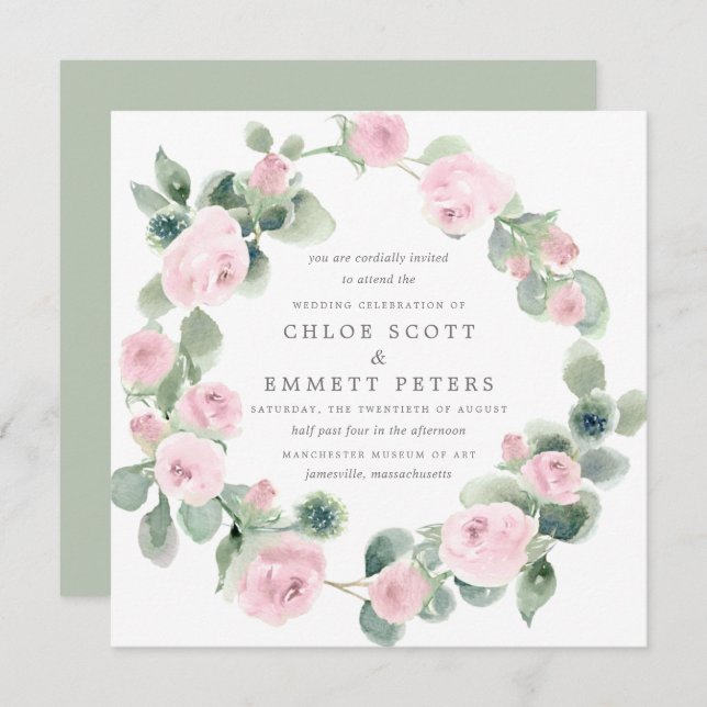 Rustic Pink Rose Floral Eucalyptus Wedding Invitation (Front/Back)