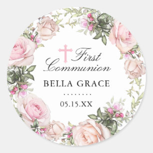 Rustic Pink Rose Floral First Communion Classic Round Sticker