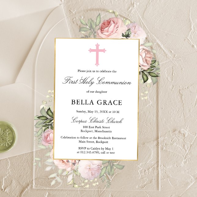 Rustic Pink Rose Floral First Holy Communion Acrylic Invitations (Creator Uploaded)