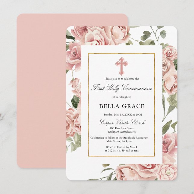 Rustic Pink Rose Floral First Holy Communion Invit Invitation (Front/Back)
