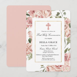 Rustic Pink Rose Floral First Holy Communion Invit Invitation