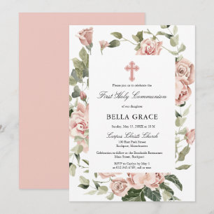 Rustic Pink Rose Floral First Holy Communion Invit Invitation