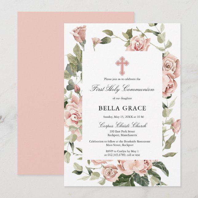 Rustic Pink Rose Floral First Holy Communion Invit Invitation (Front/Back)