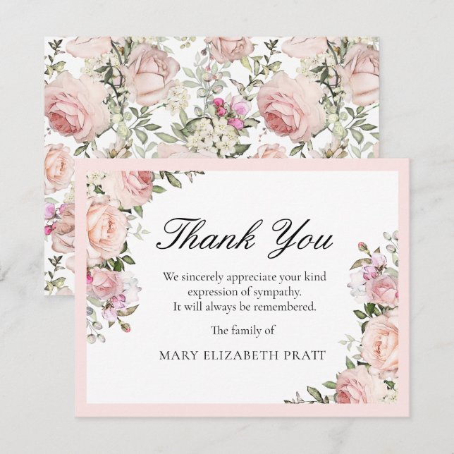 Rustic Pink Rose Floral Funeral Thank You Card (Front/Back)