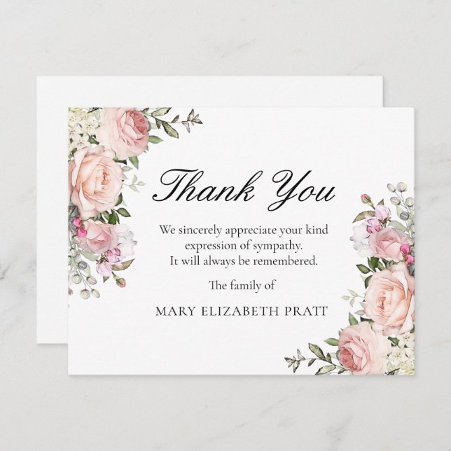 Rustic Pink Rose Floral Funeral Thank You Card (Front/Back)