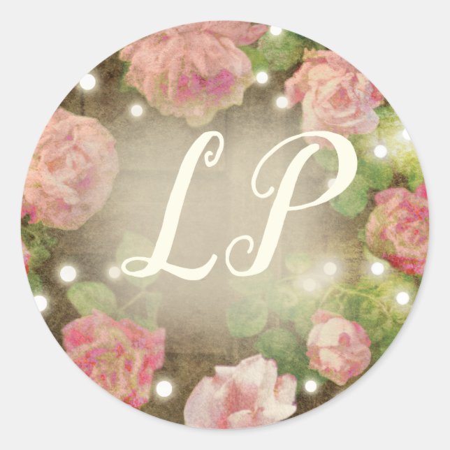 Rustic Pink Rose Floral String Lights Monogram Classic Round Sticker (Front)