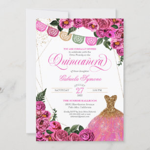 Rustic Pink Rose Glitter Gown Fiesta Quinceañer In Invitation