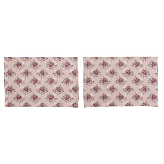 Rustic pink rose gold green bohemian floral pillowcase (Front-Set)