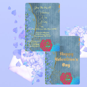 Rustic Pink Rose Valentine's Day Party Blue Floral Invitation