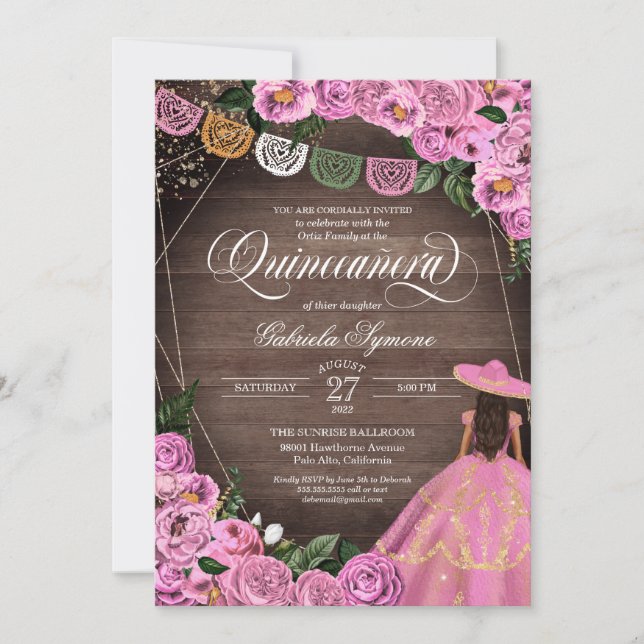 Rustic Pink Roses Charro Quince Dress Quinceañera Invitation (Front)