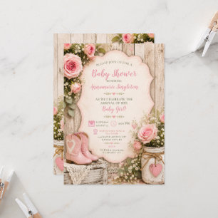 Rustic Pink Roses Cowgirl Boots Mason Jar   Invitation