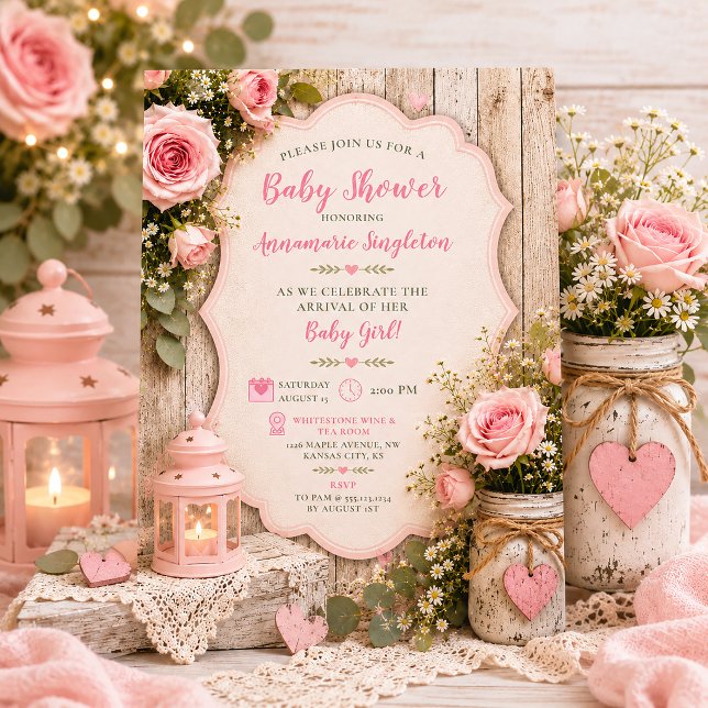 Rustic Pink Roses Mason Jar Lantern Lace | Invitation (Creator Uploaded)
