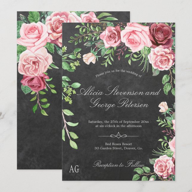 Rustic Pink Roses Monogram Chalkboard Wedding Invitation (Front/Back)
