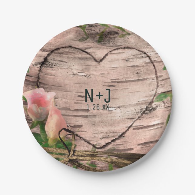 Rustic Pink Roses & Vines White Birch Reception Paper Plate (Front)