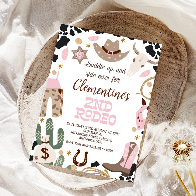 Rustic Pink Saddle Up 2nd Rodeo 2nd Birthday  Invitation (Girls Second Rodeo 2nd Birthday Invitation, 2nd Rodeo Birthday Invitation, Western 2nd Birthday )