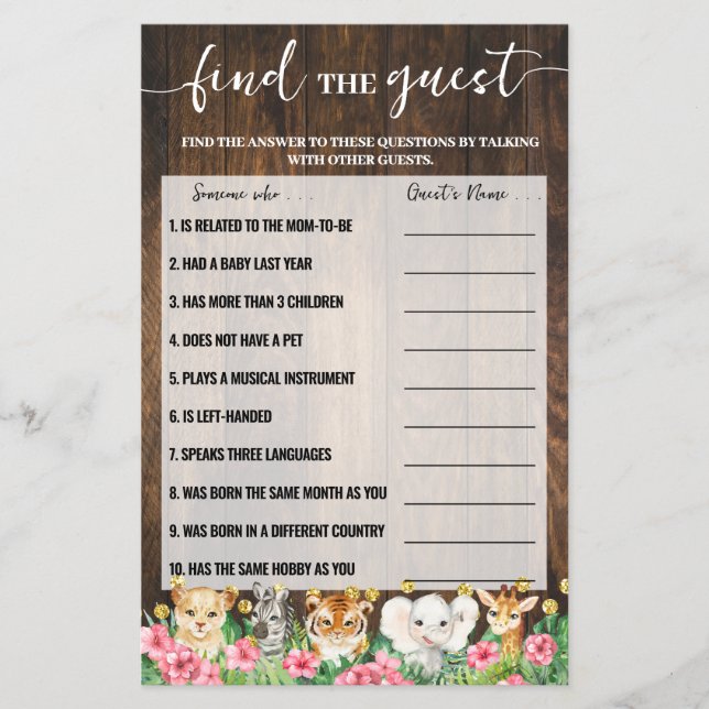 Rustic Pink Safari Find the Guest Shower Game Card (Front)