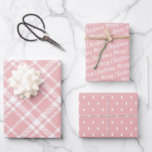 Rustic Pink Tartan Plaid Merry Christmas Pattern Wrapping Paper Sheet<br><div class="desc">Rustic modern gift wrap set features three coordinating holiday wrapping paper sheets: light rose gold pink and white tartan plaid,  black with white script "Merry Christmas" text,  and pink with little white pine trees pattern.</div>
