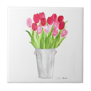 Rustic Pink Tulips floral Spring chic kitchen Tile
