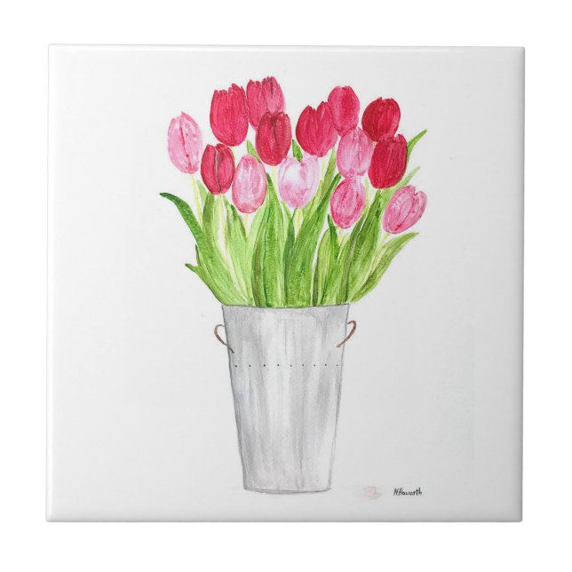 Rustic Pink Tulips floral Spring chic kitchen Tile (Front)