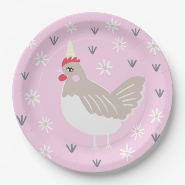 Rustic Pink Vintage Chicken Illustration  Paper Plate (Front)