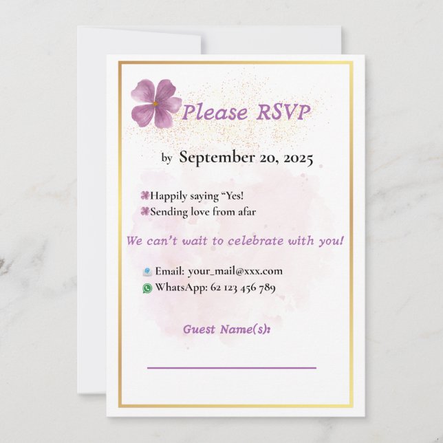 Rustic Pink Watercolor Elegant Wedding RSVP Card (Front)