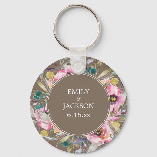 Rustic Pink Watercolor Floral Brown Wedding Keychain (Front)