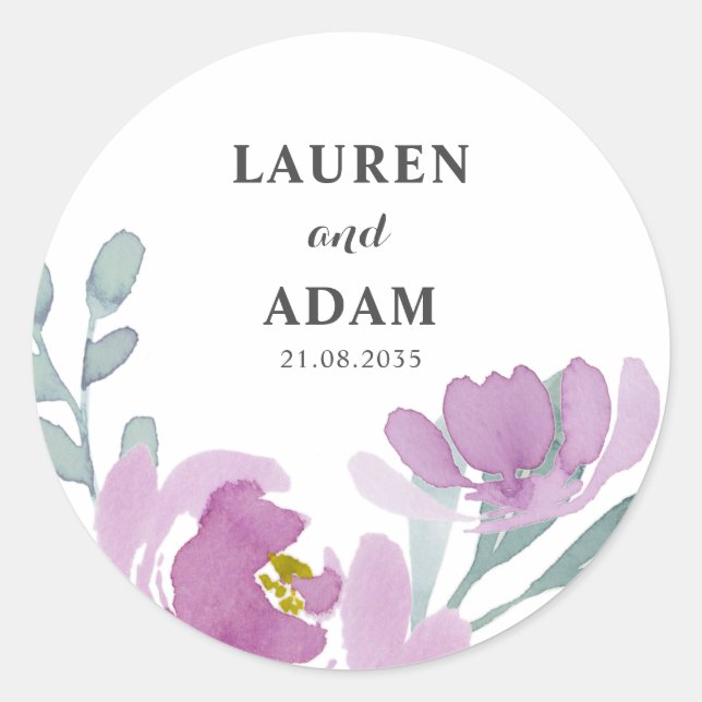 Rustic Pink Watercolor Floral Wedding  Classic Round Sticker (Front)