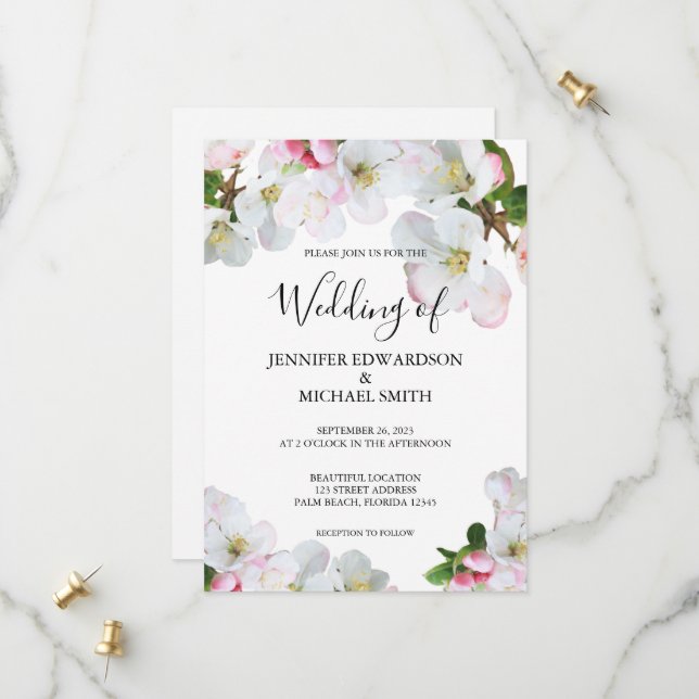 Rustic pink watercolor flowers wedding invitation (Front/Back In Situ)