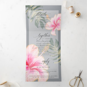 Rustic Pink Watercolor Hibiscus Floral Wedding Tri-Fold Invitation
