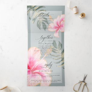 Rustic Pink Watercolor Hibiscus Floral Wedding Tri Tri-Fold Invitation