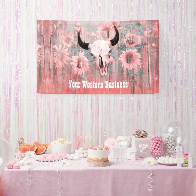 Rustic Pink Western Bull Skull Sunflowers On Wood Banner (Party)