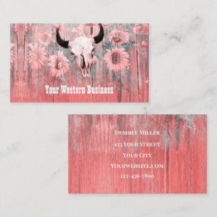 Rustic Pink Western Bull Skull Sunflowers On Wood Business Card