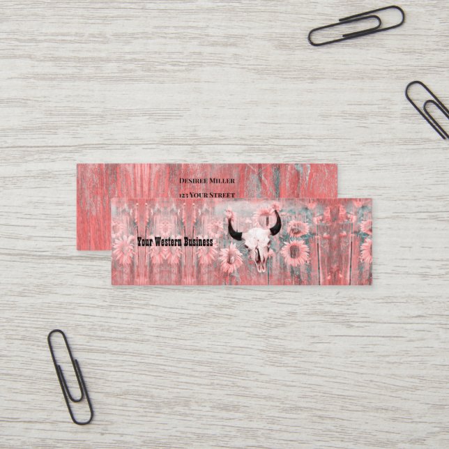 Rustic Pink Western Bull Skull Sunflowers On Wood Mini Business Card (Front/Back In Situ)