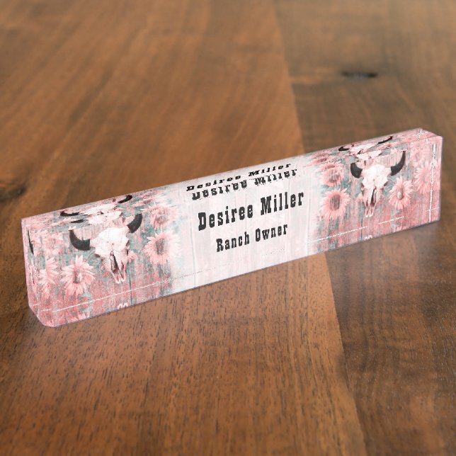 Rustic Pink Western Bull Skull Sunflowers On Wood Nameplate (Side)