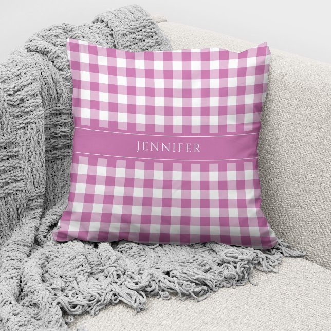 Rustic Pink & White Gingham Pattern Name Throw Pillow (Creator Uploaded)