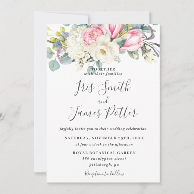 Rustic Pink White Rose Magnolia Hydrangea Wedding Invitation (Front)