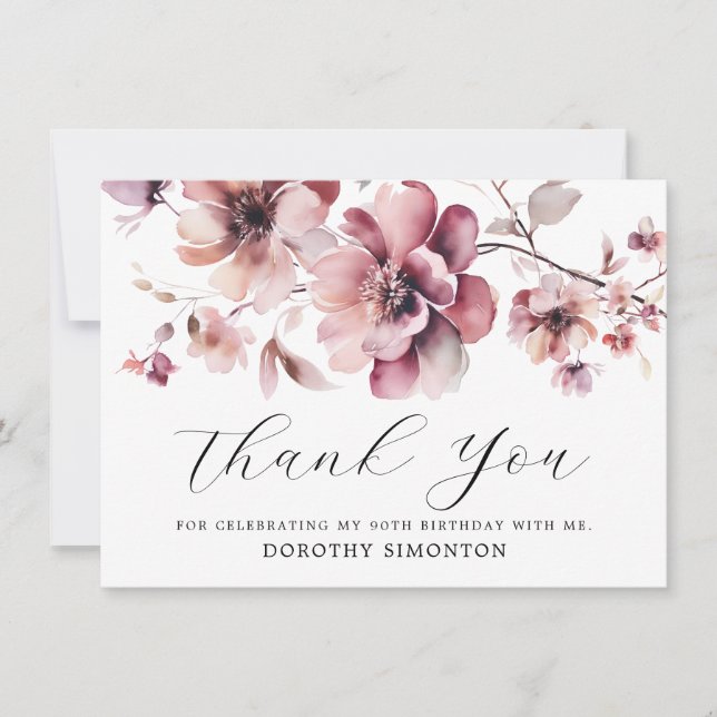 Rustic Pink Wildflower 90th Birthday Thank You (Front)