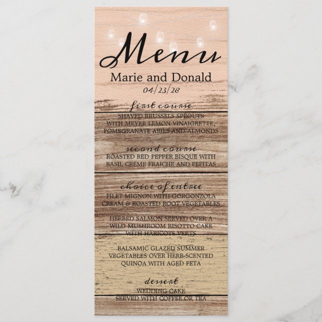 Rustic Pink Wood and Lanterns Menu (Front)