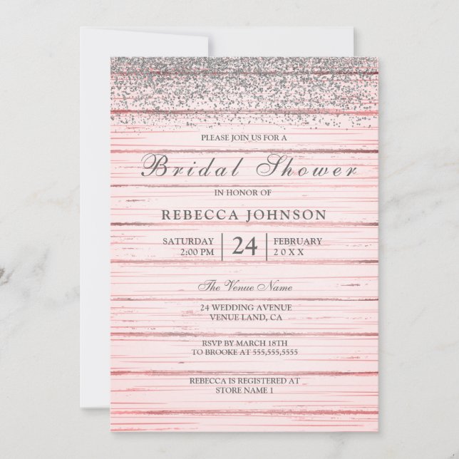 Rustic Pink Wood Silver Glitter Bridal Shower Invitation (Front)