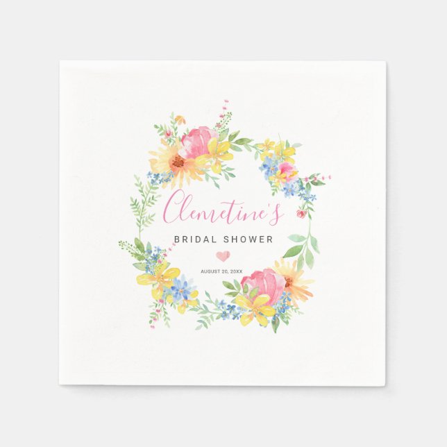 Rustic Pink Yellow Watercolor Floral Napkin (Front)