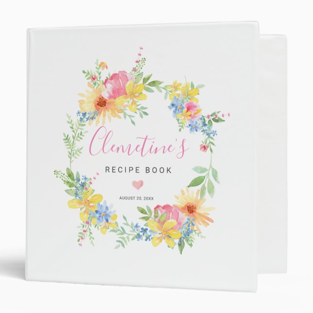 Rustic Pink Yellow Watercolor Floral Recipe Book Binder (Front/Inside)