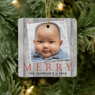 Rustic Pinned Photos Merry Holiday Ceramic Ornament
