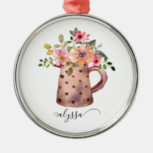 Rustic Pitcher Peach & Mauve Watercolor Floral Metal Ornament