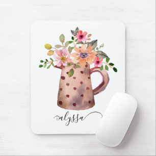 Rustic Pitcher Peach & Mauve Watercolor Floral Mouse Pad