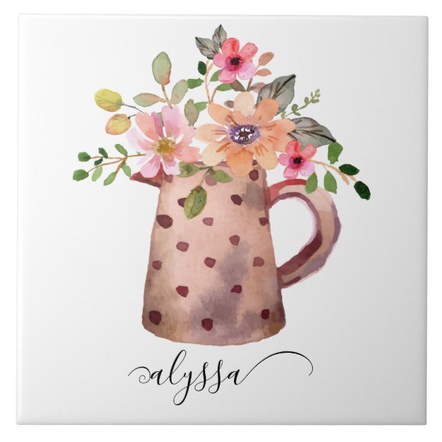 Rustic Pitcher Peach & Mauve Watercolor Floral Tile (Front)