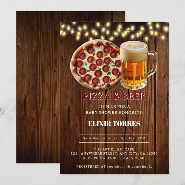 Rustic Pizza & Beer Baby Shower Invitation (Front/Back)