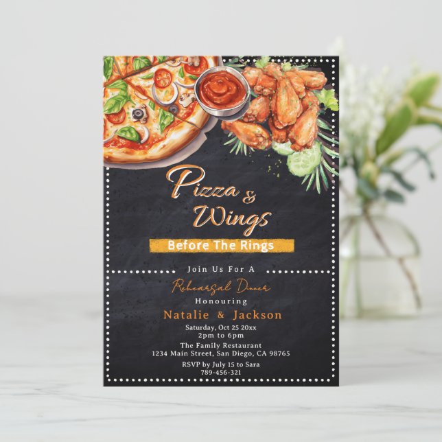Rustic Pizza & Wings Before The Rings Rehearsal Invitation (Standing Front)