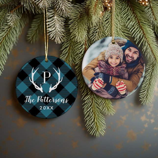 Rustic Plaid Antler Monogram Custom Photo Ceramic Ornament (Creator Uploaded)