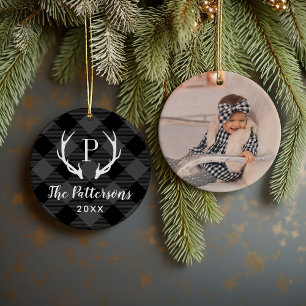 Rustic Plaid Antler Monogram Custom Photo Ceramic Ornament